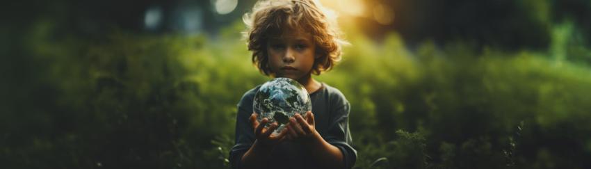 Kind hält ein Modell der Erde in der Hand, Hintergrund Natur