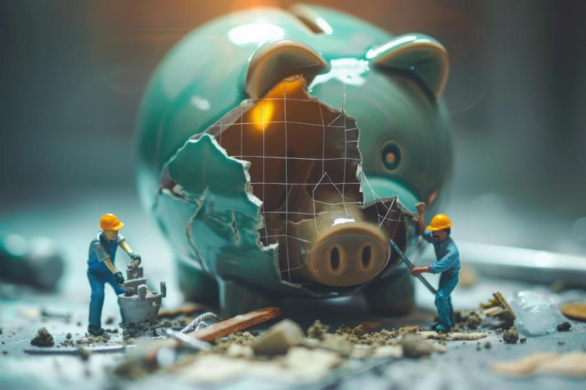 Kaputtes Sparschwein mit Bauarbeitern, die versuchen es zu reparieren.