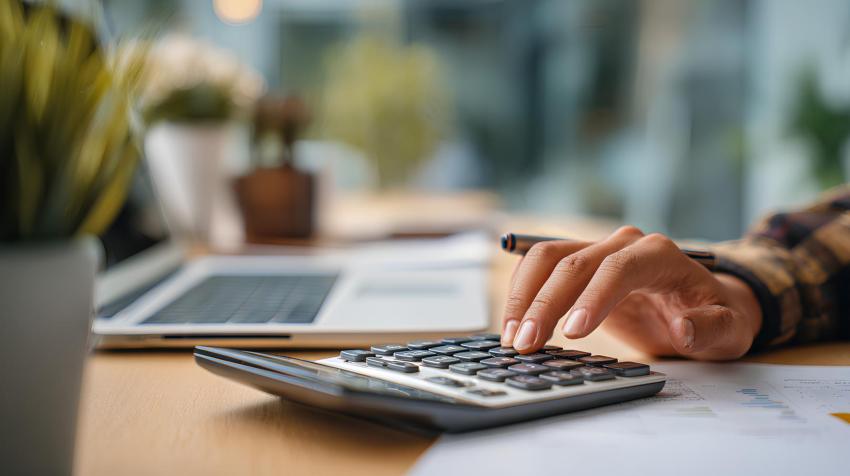 Lohnkosten Sujetbil Hand mit Computer und Taschenrechner