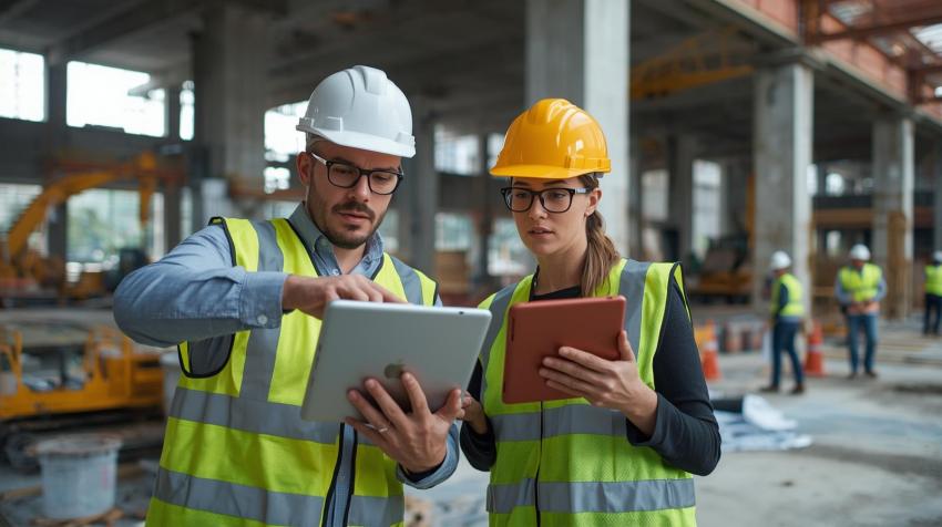 Bauleiter dokumentiert Baufortschritt auf einer Baustelle mit einem Tablet