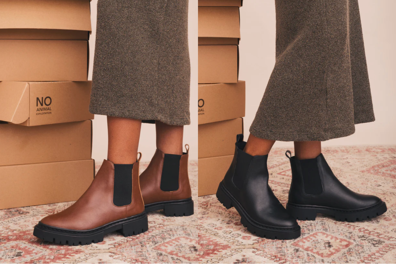 Side-by-side images of a model wearing NAE Vegan Chelsea boots in black and brown, standing next to stacked shoeboxes labeled “No Animal Exploitation.”