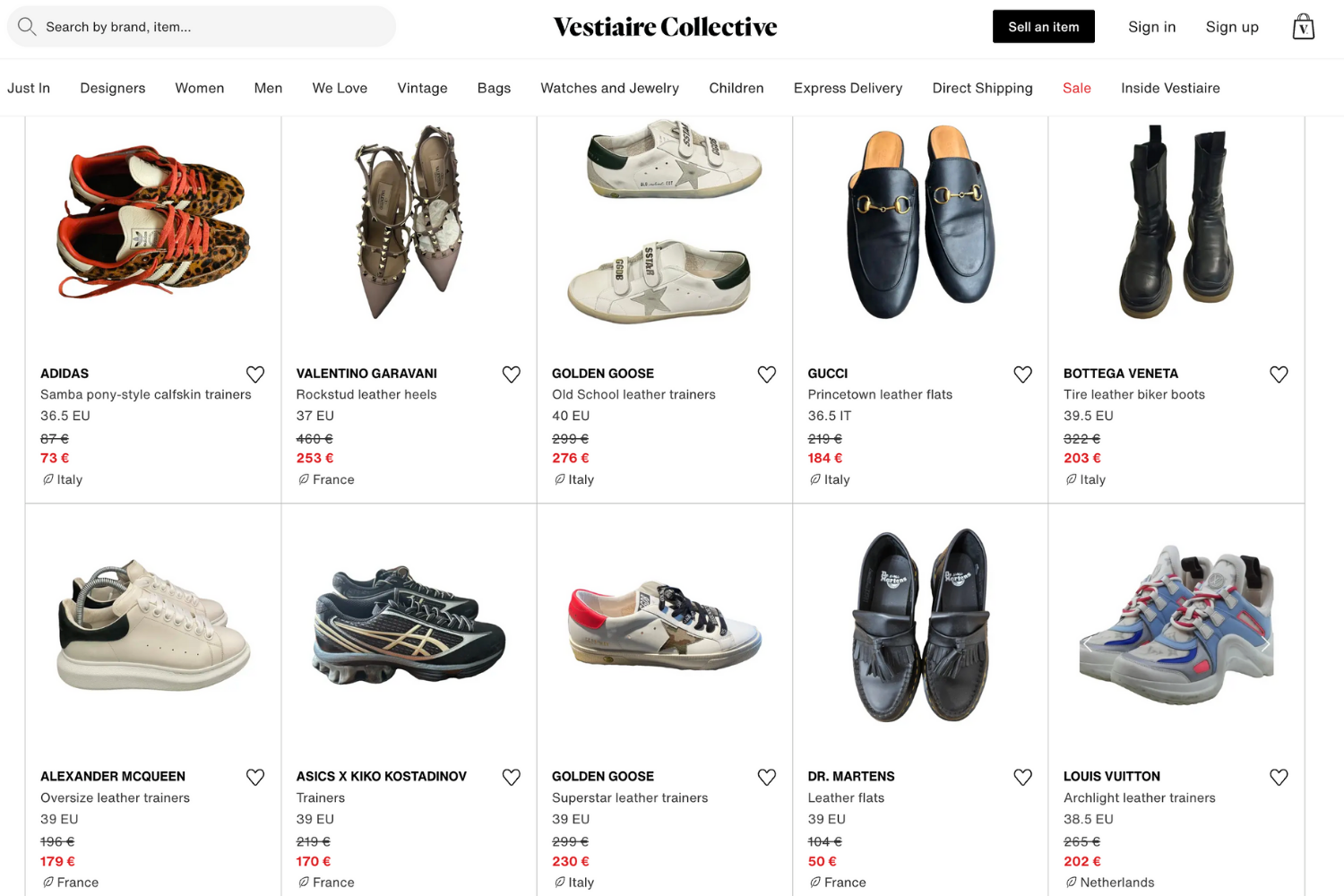 Screenshot of sneaker listings on Vestiaire Collective, showing secondhand designer shoes from Adidas, Golden Goose, Gucci, and Dr. Martens.