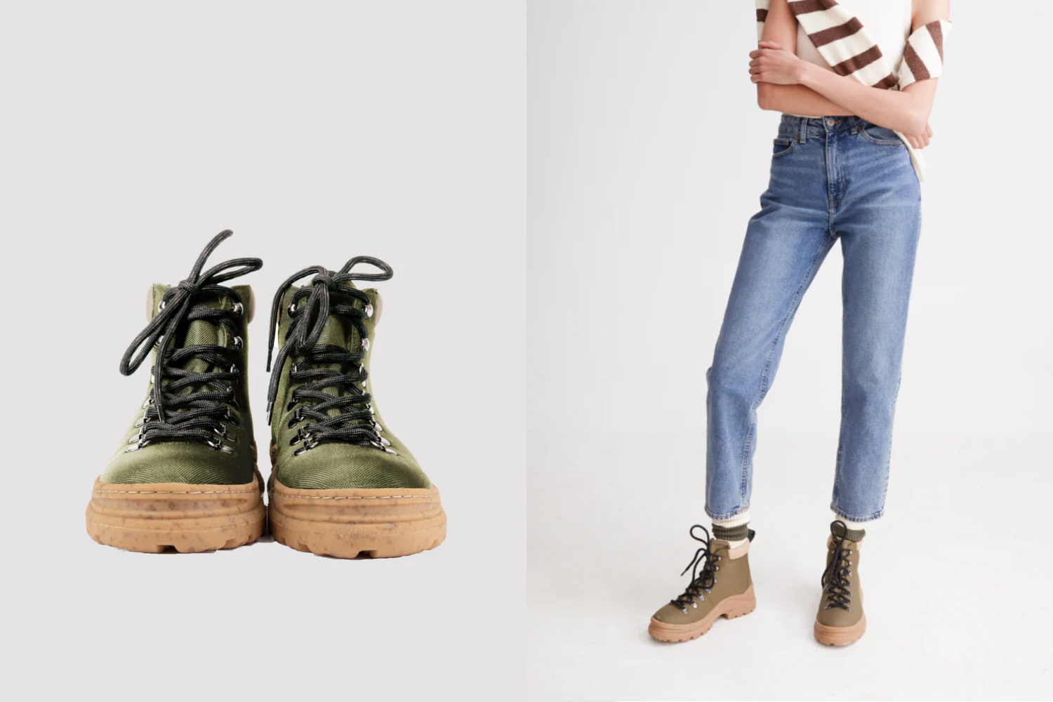 Green Thesus Weekend boots shown front-facing and worn by a model with jeans. Vegan, waterproof boots with a cork sole.