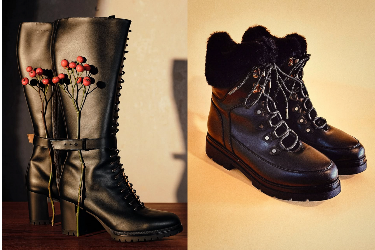 Two elegant black boots — one high-heeled knee boot with berries, one cozy lace-up