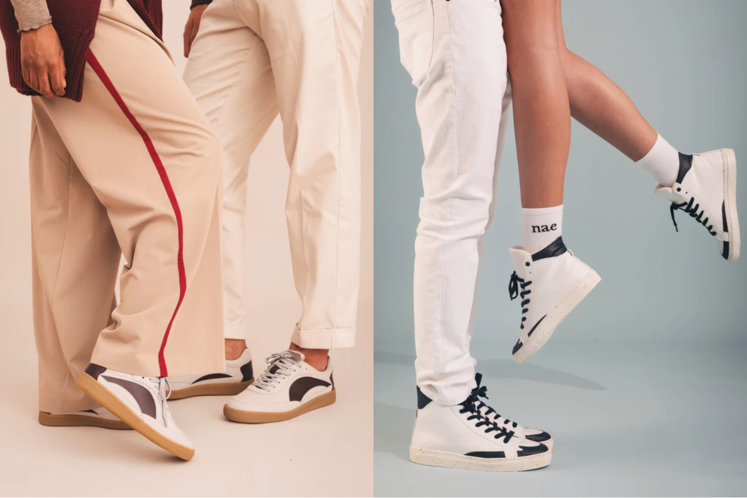 Two pairs of white Nae Vegan sneakers worn in lifestyle fashion photos