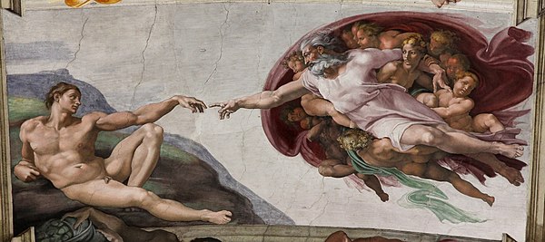 (الإله يخلق آدم)، أحد المشاهد التي قام مايكل أنجلو برسمها على تصويره الحسي المرسوم على سقف كنيسة سيستين.