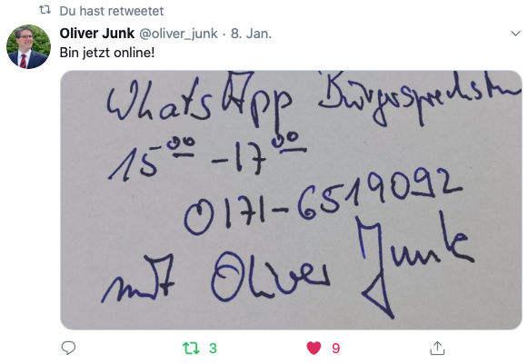 Oberbürgermeister Oliver Junk bewirbt auch bei Twitter seine Sprechstunde in den sozialen Medien sehr erfolgreich