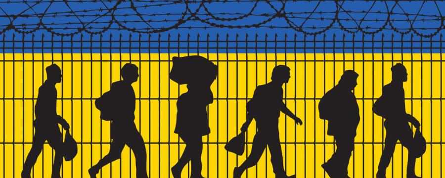 Fliehende Menschen vor Ukrainischer Flagge