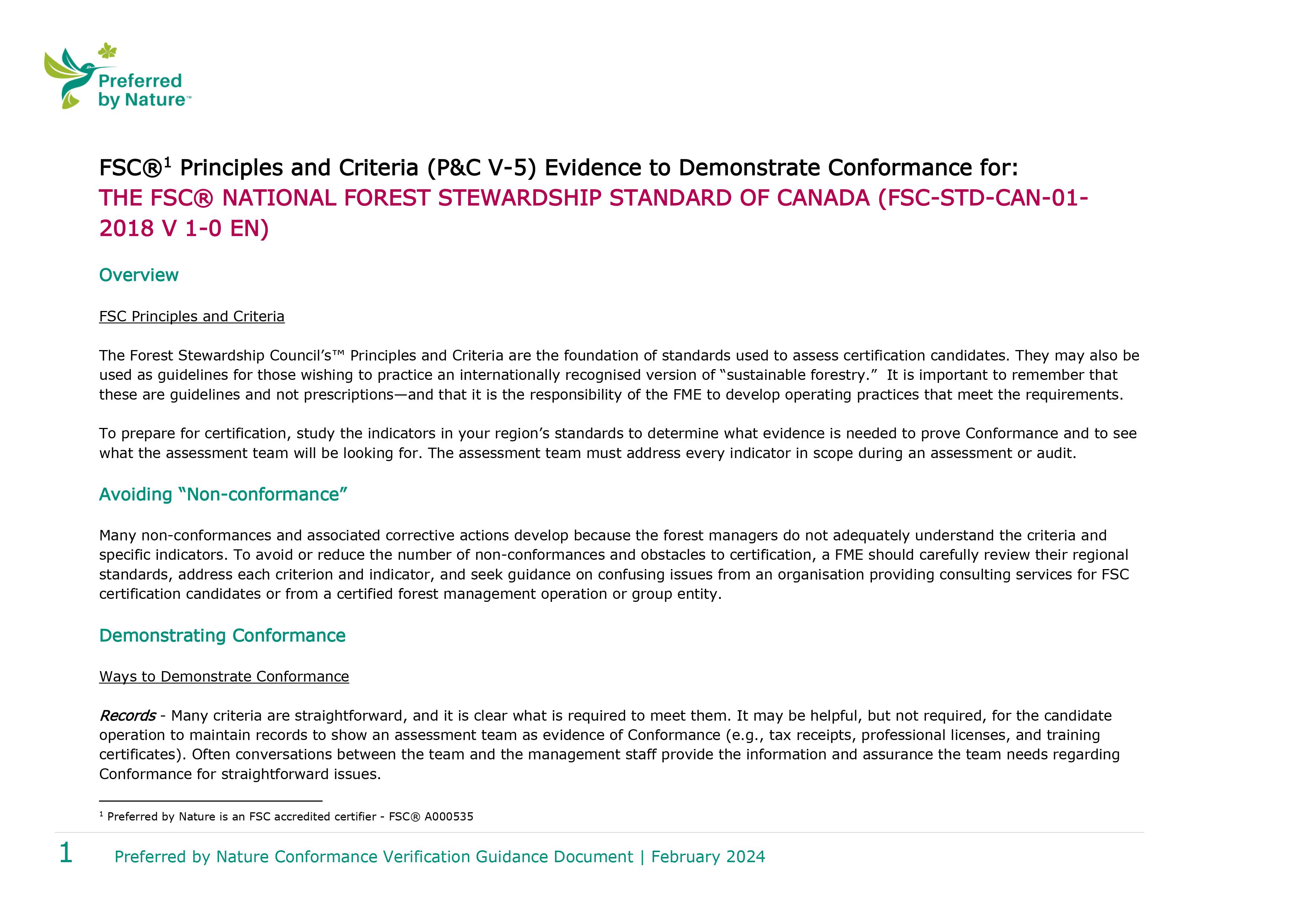 Preferred by Nature Conformance Verification Guidance Document