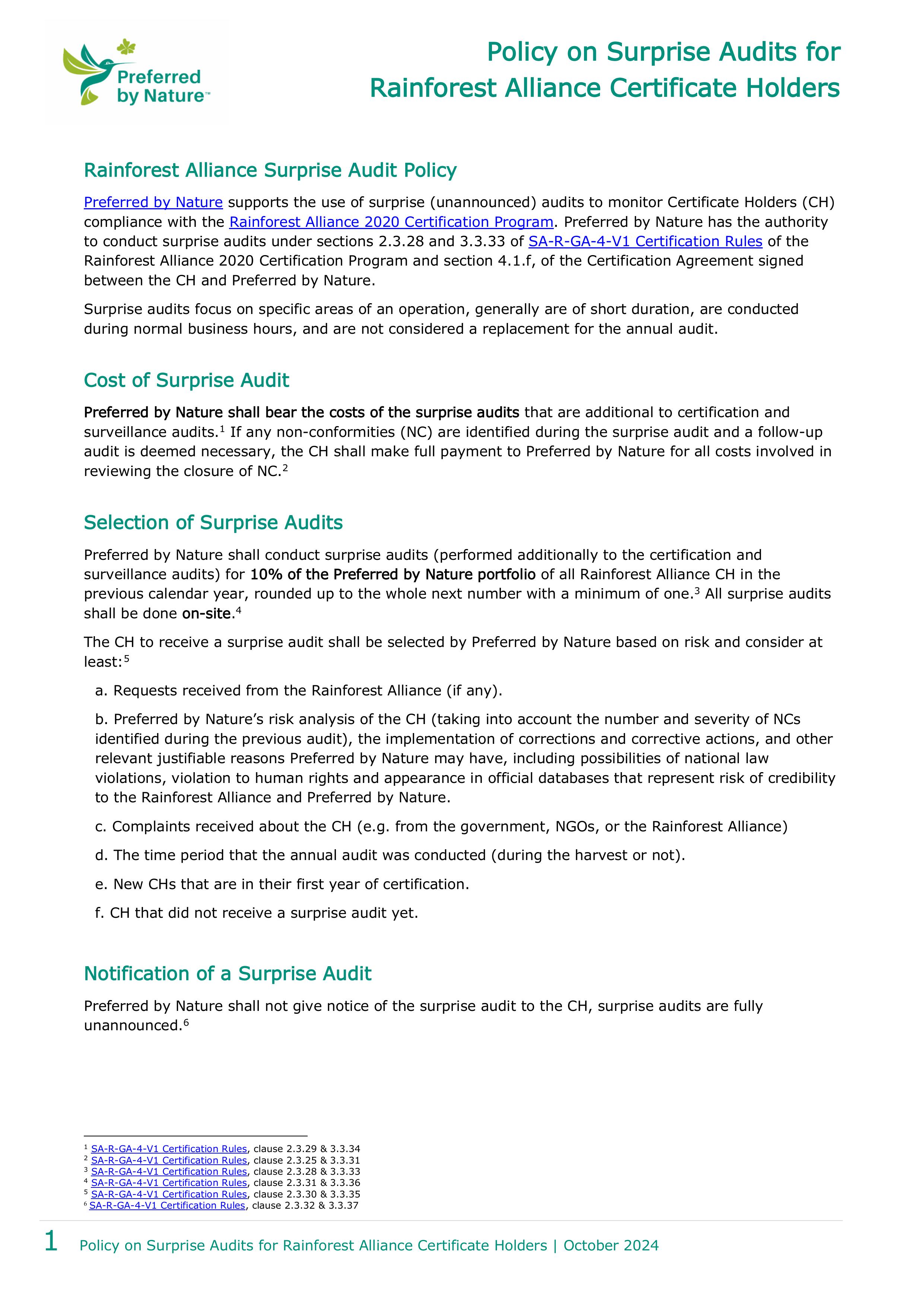 PBN Surprise Audit Policy - Rainforest Alliance - Oct2024