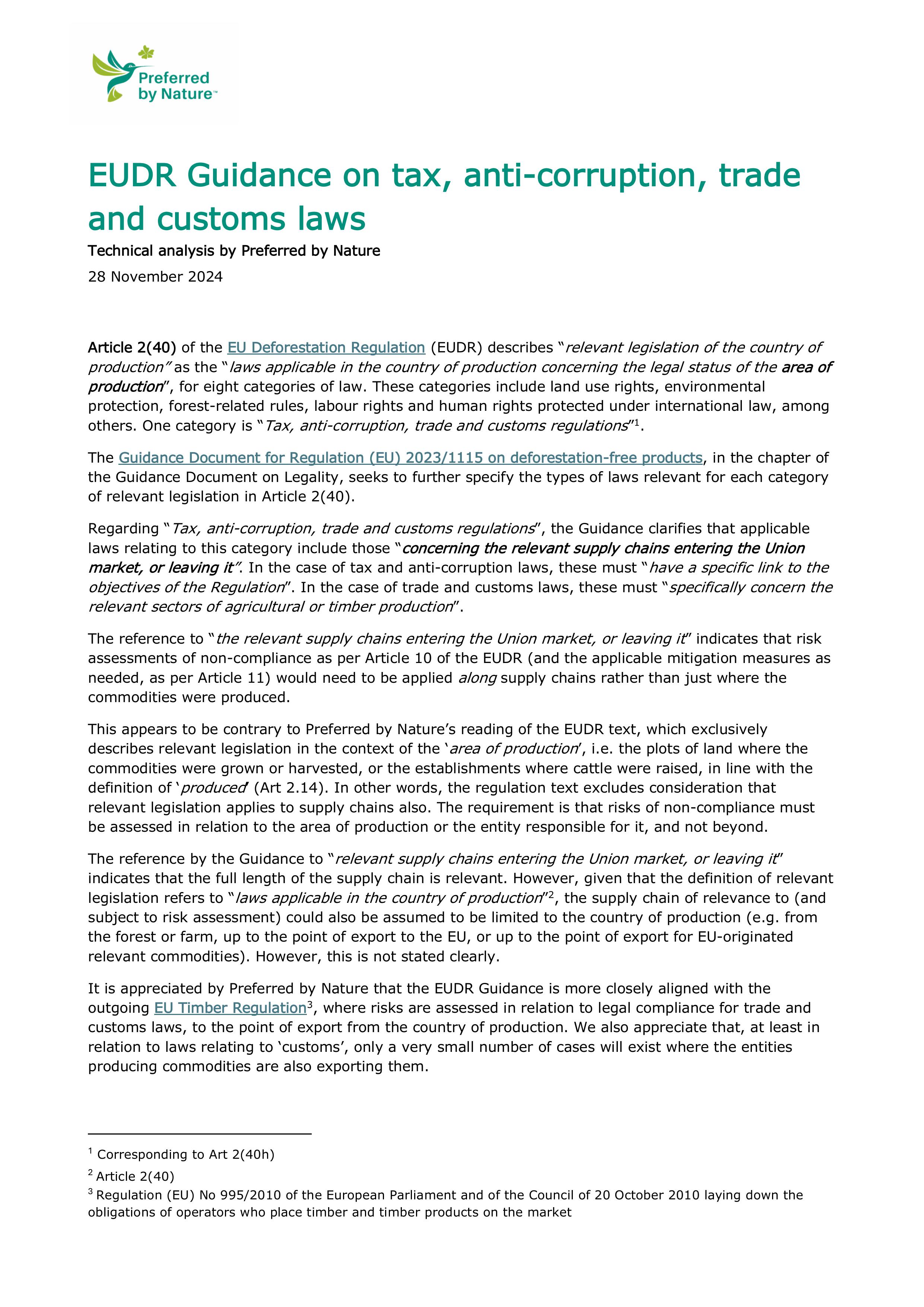 EUDR Guidance on tax, anti-corruption, trade  and customs laws