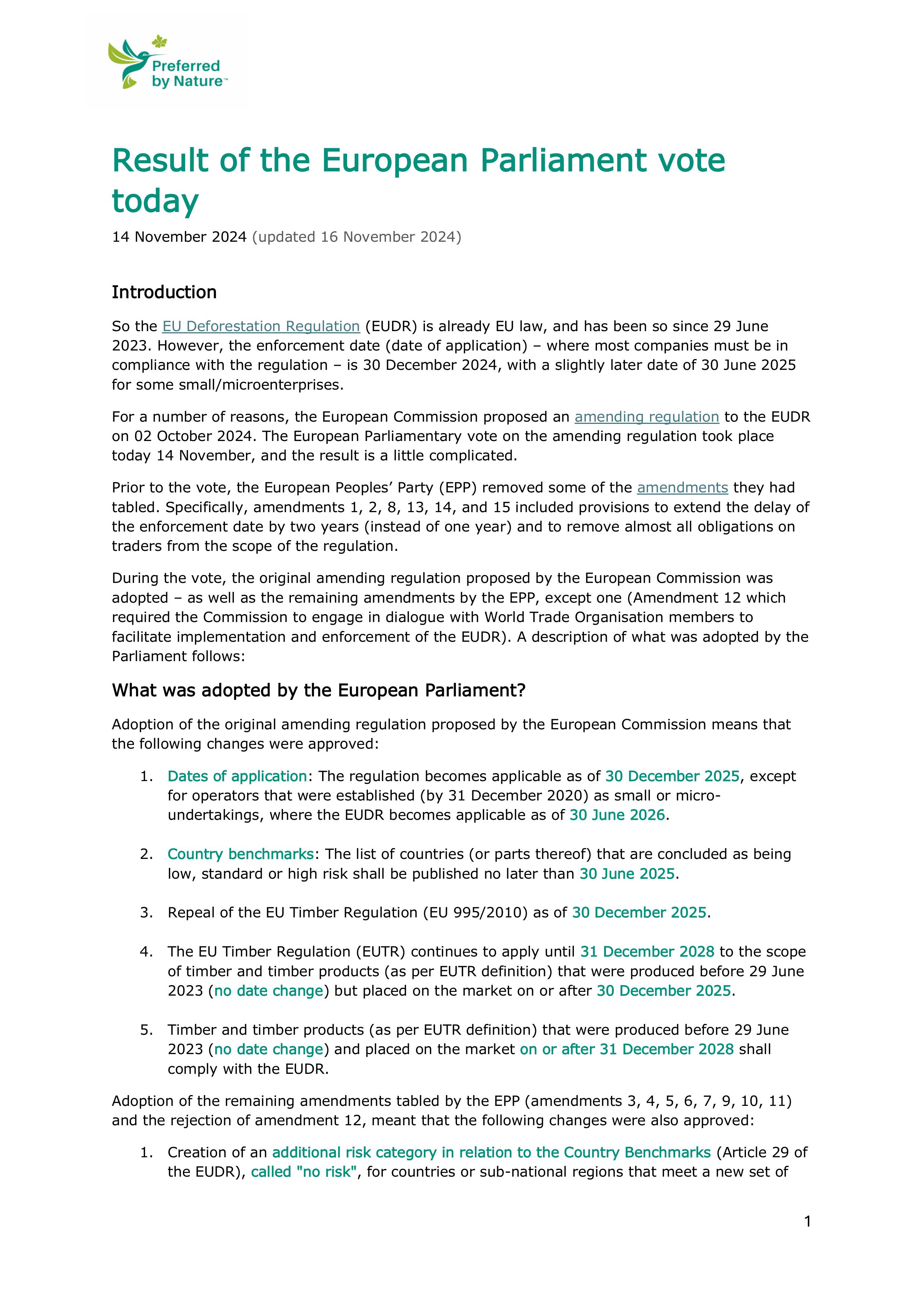Result of the European Parliament vote on 14 November 2024