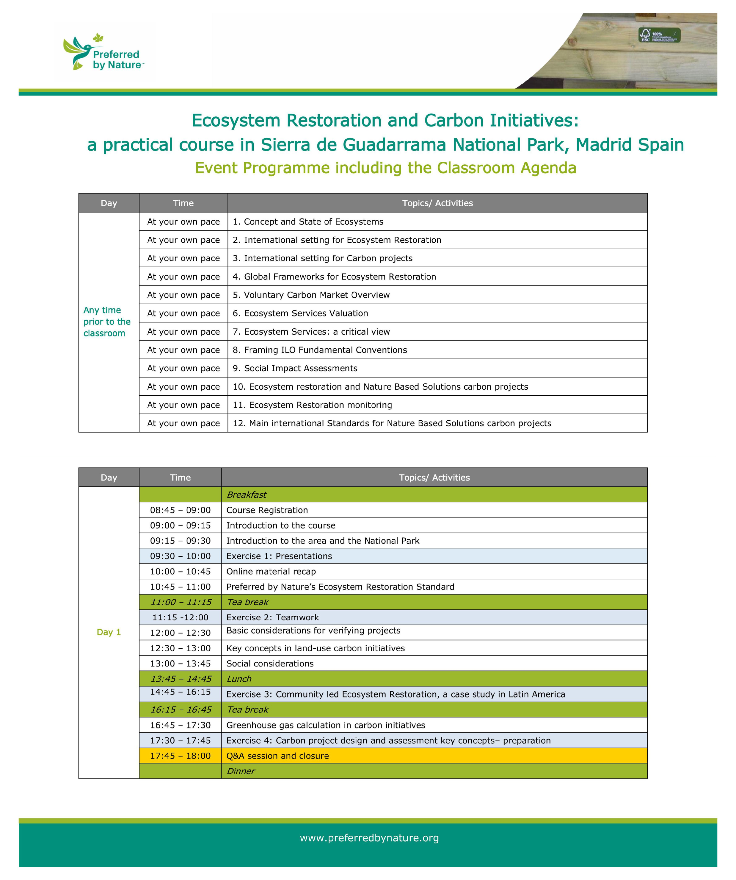 Ecosystem Restoration and Carbon Initiatives Training Course - Classroom training agenda (Sierra de Guadarrama National Park, Madrid Spain)