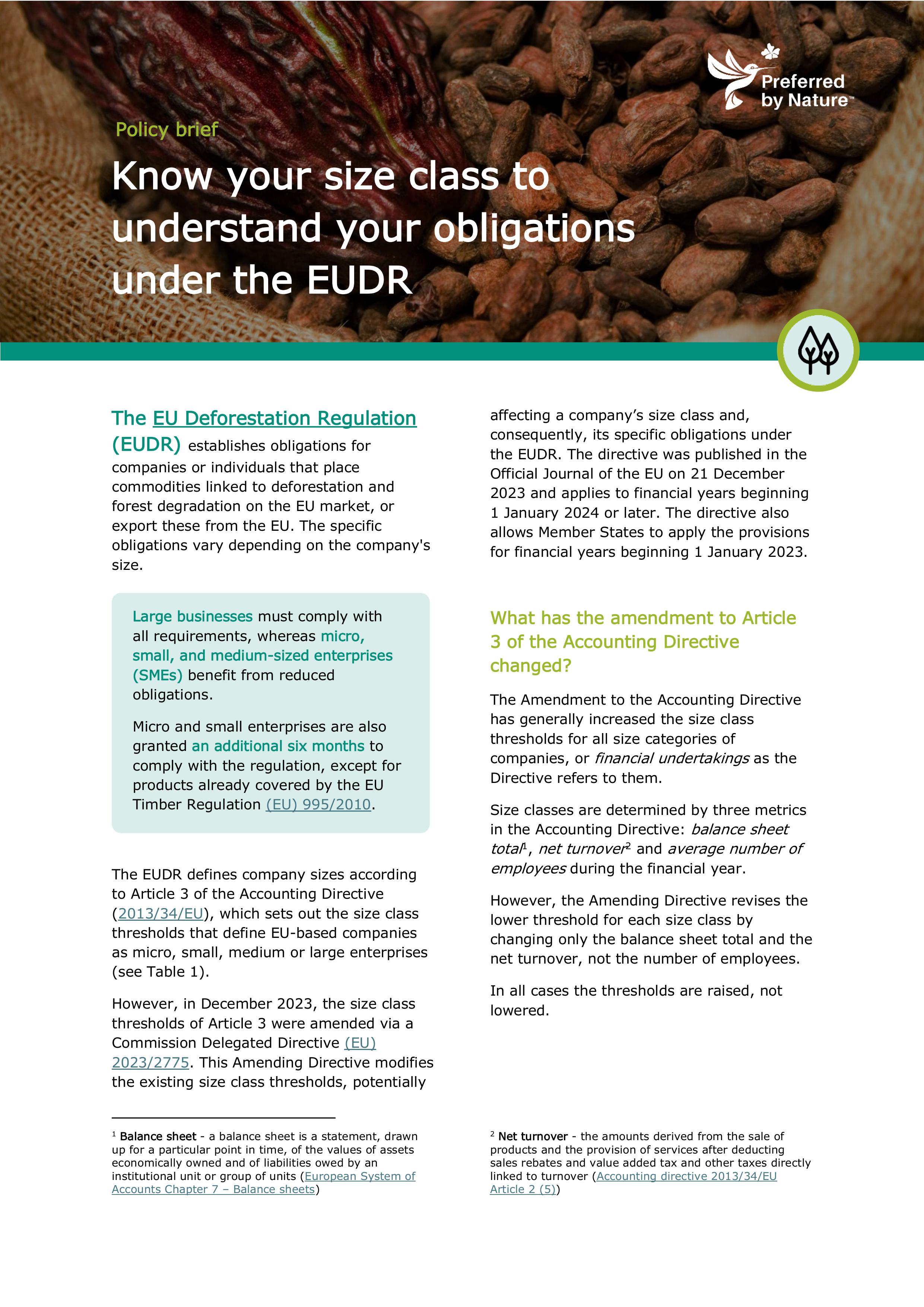 Policy brief: Know your size class to  understand your obligations  under the EUDR