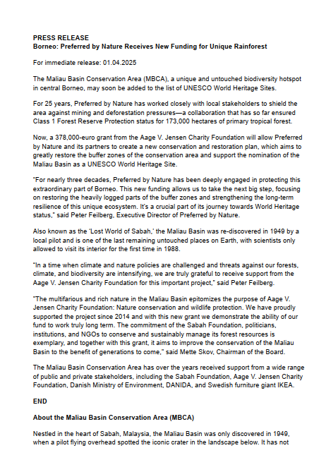 Press Release Borneo PBN funding for Unique Forest