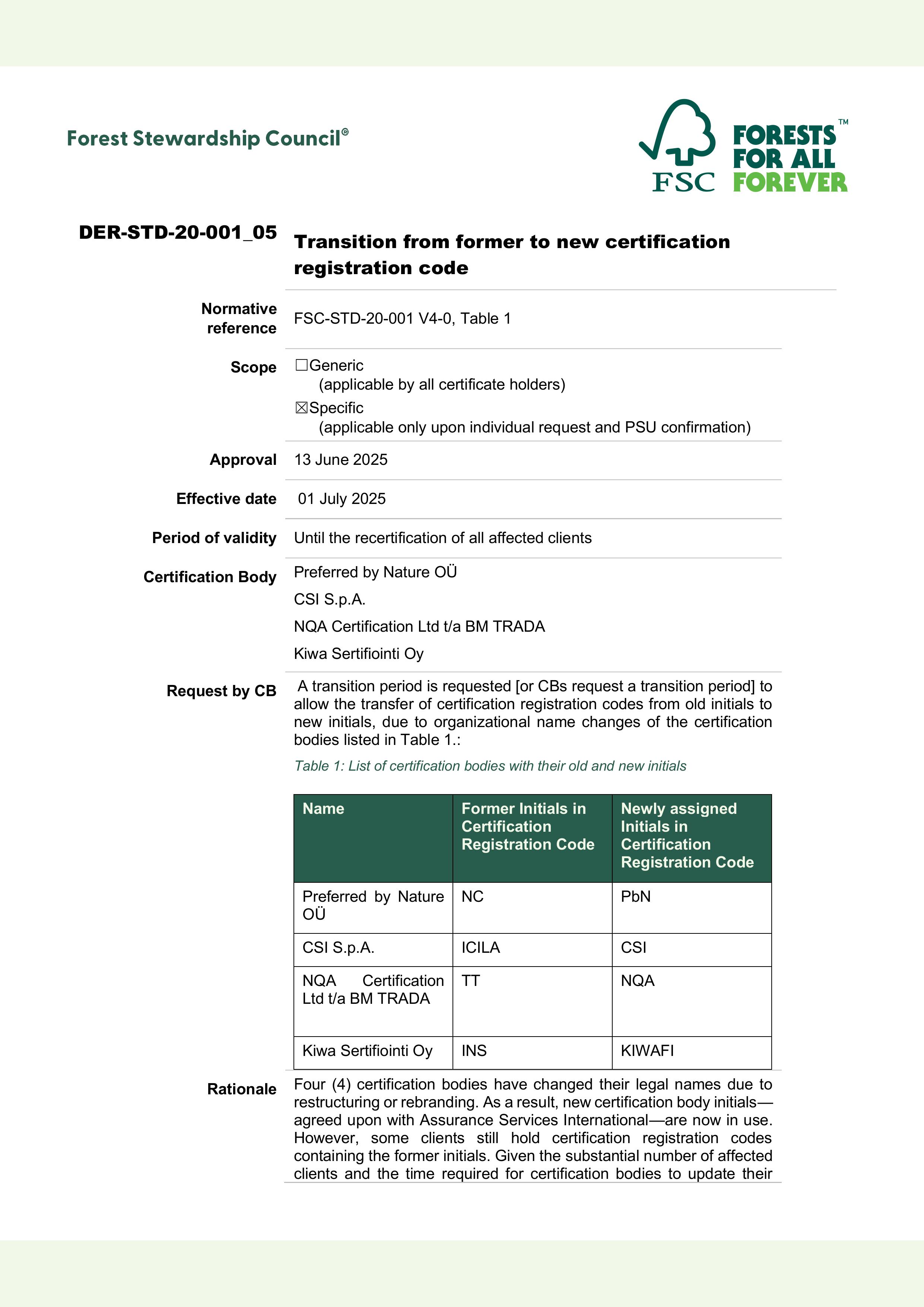 FSC Derogation - Transition from former to new certification registration code