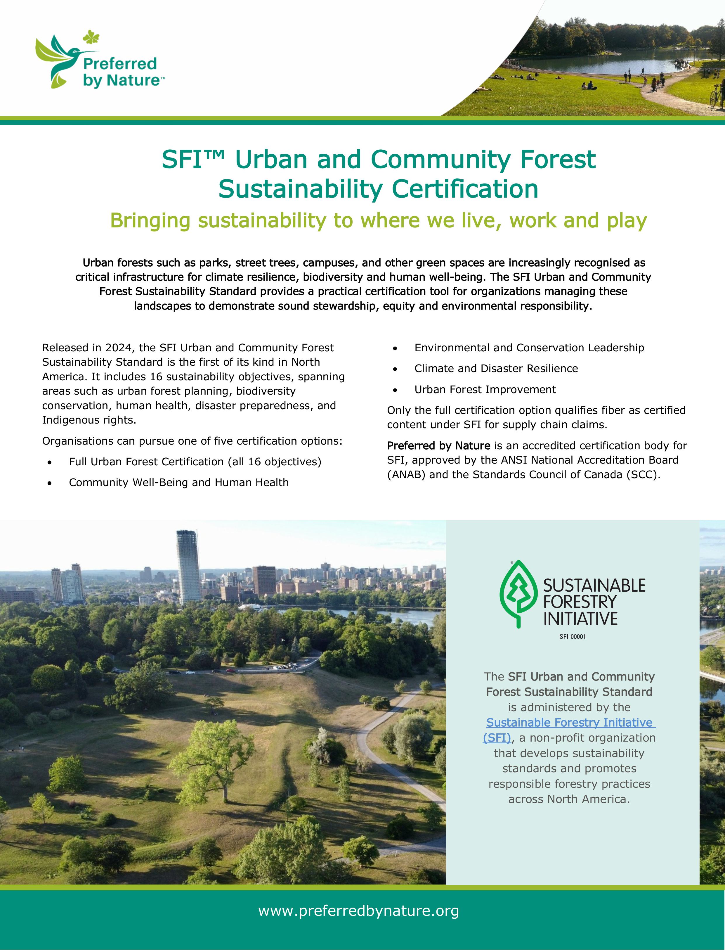 SFI Urban and Community Forest Sustainability Certification info sheet