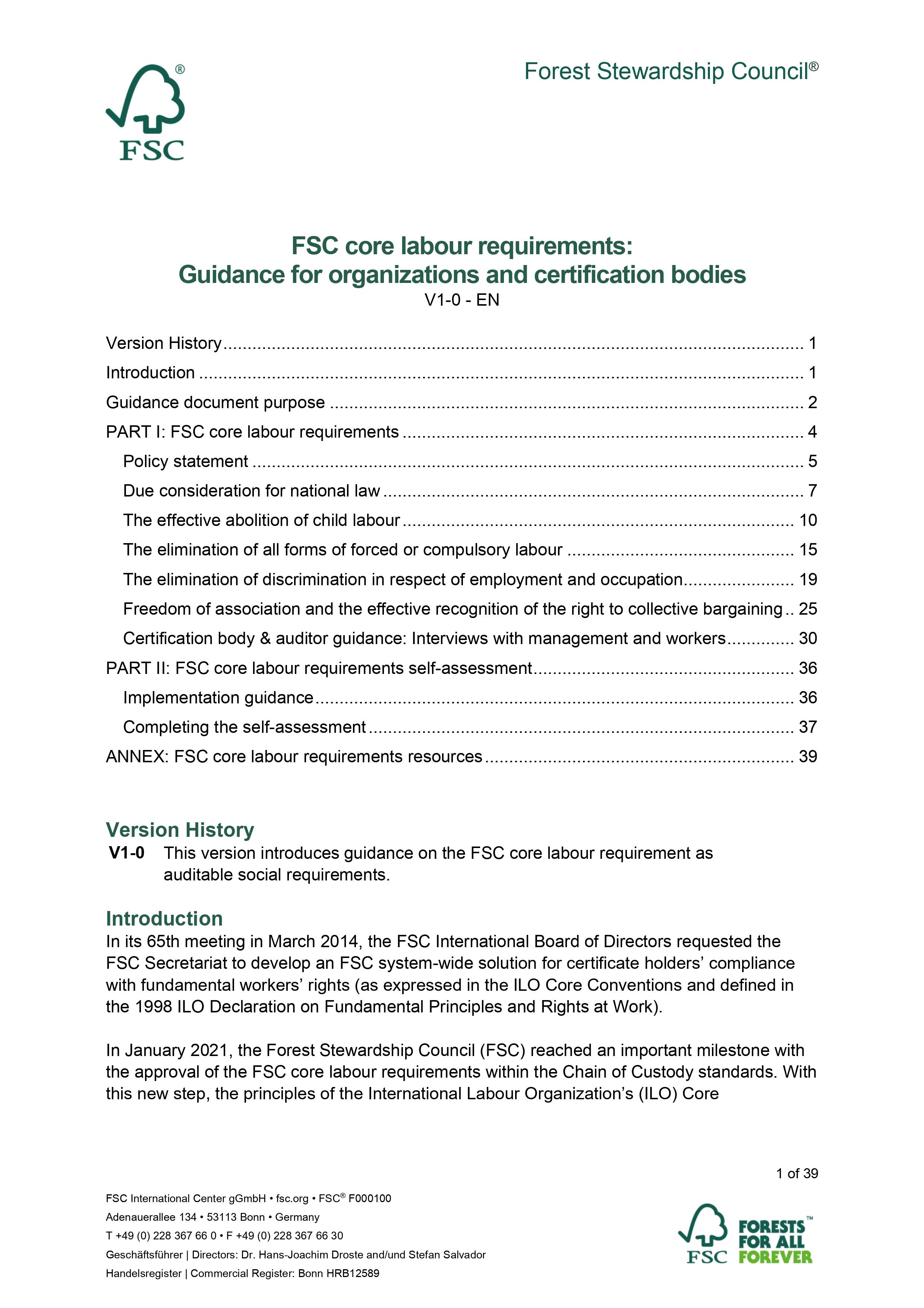 Podstawowe wymagania FSC dotyczące praw pracowniczych: Wytyczne dla organizacji i jednostek certyfikujących V1-0 