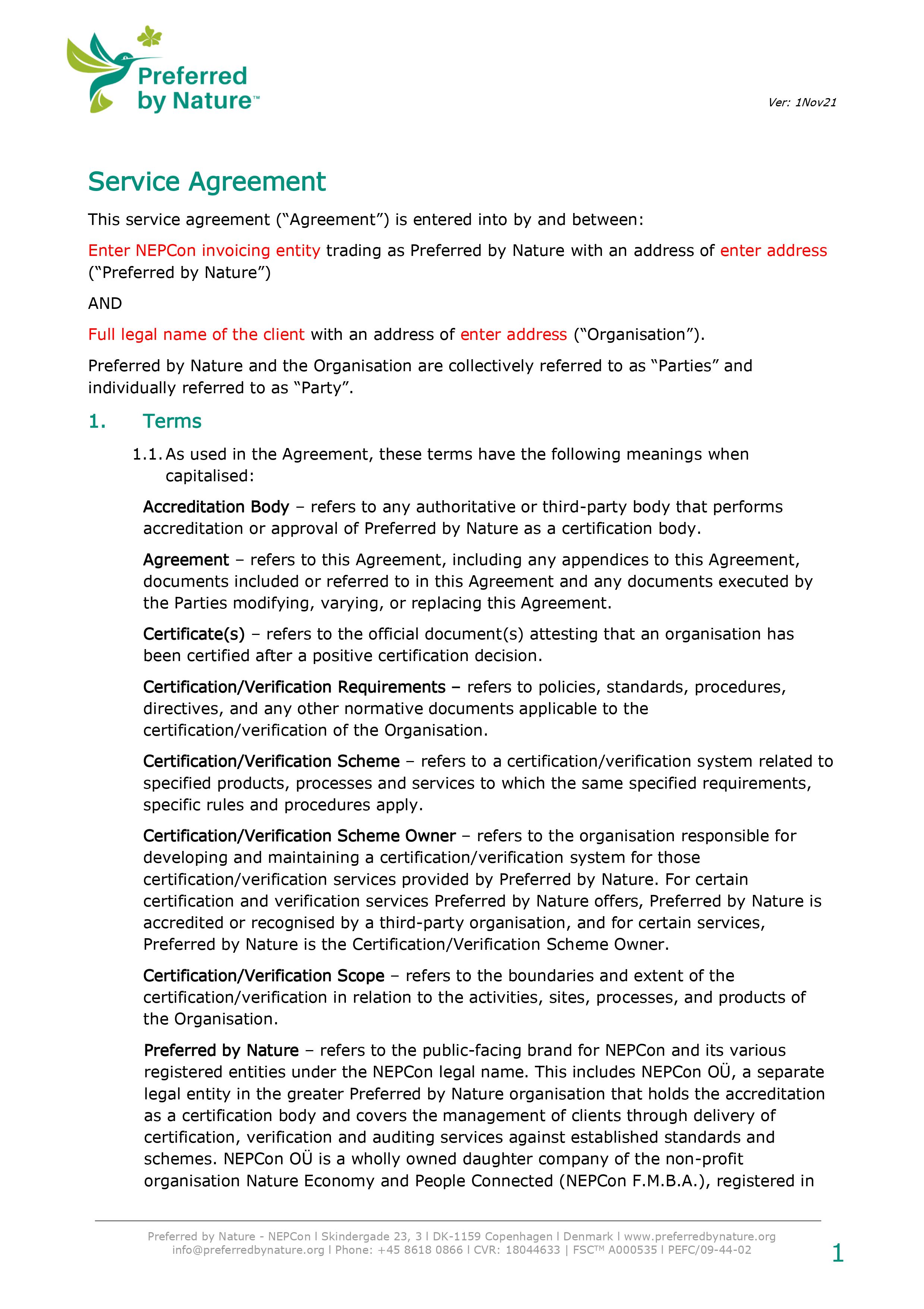 Preferred by Nature Service Agreement Template