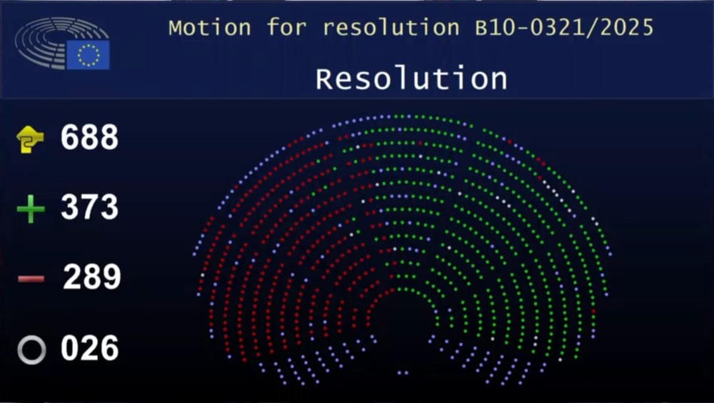 Plenary voting result screen from the European Parliament on 9 July 2025