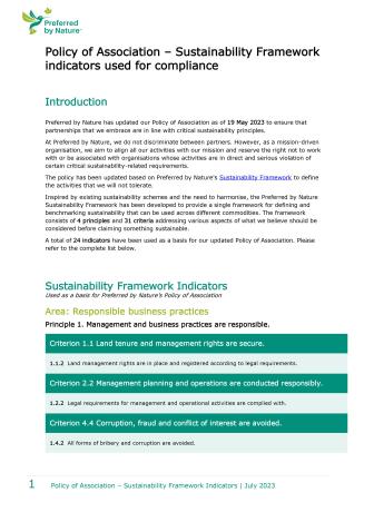 Policy of Association – Sustainability Framework  indicators used for compliance
