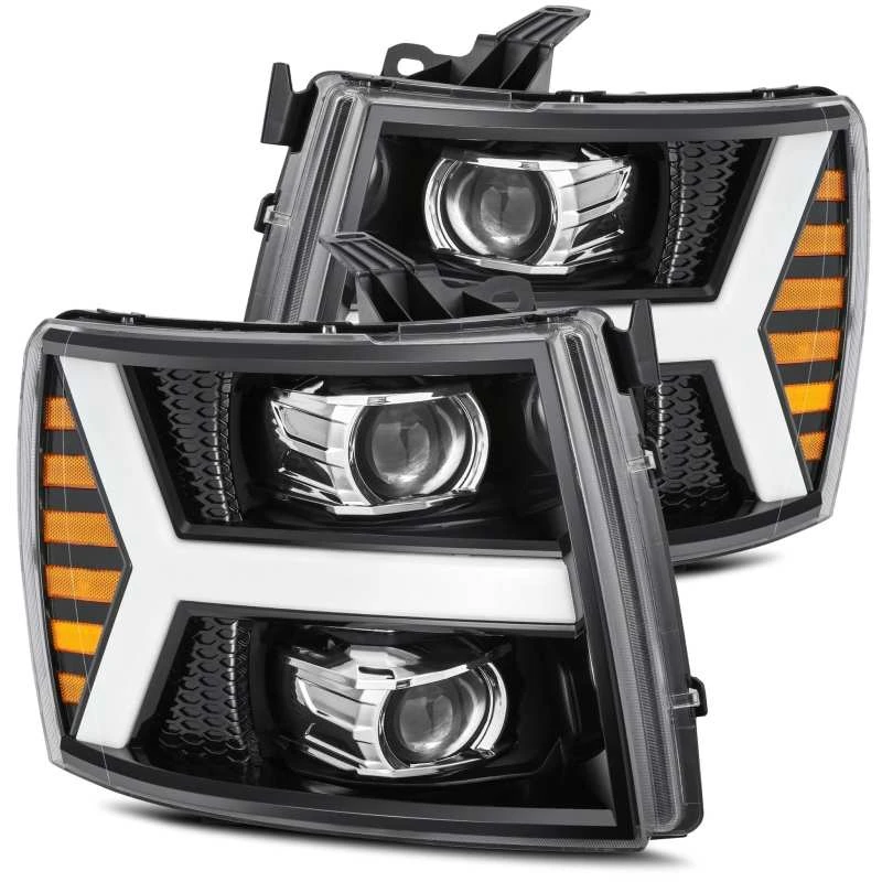 AlphaRex 07-13 Chevy 1500 LUXX LED Projektorscheinwerfer Plank Style Jet Schwarz mit aktivem Licht/Seq Signal/DRL