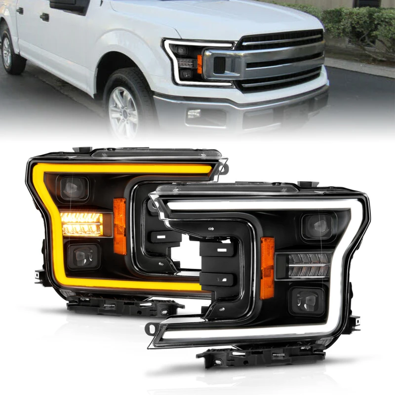 ANZO 18-20 Ford F-150 (ohne werkseitige LED) Voll-LED-Projektorscheinwerfer mit Light-Bar-Switchback-Sekundenfolge, Schwarz mit Init