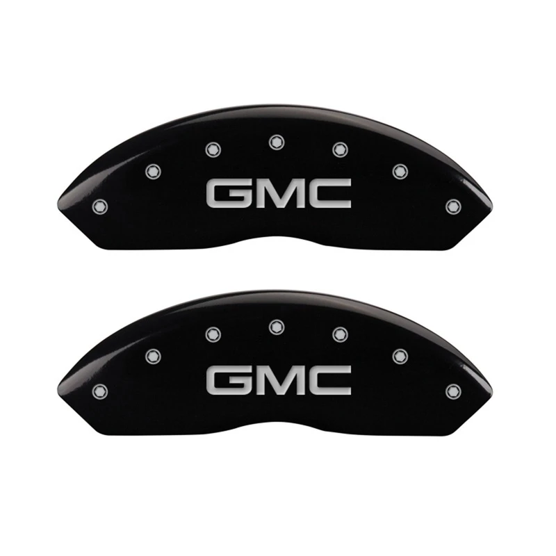MGP Vordere Satz 2 Bremse Caliper Abdeckungen Graviert Vorne GMC Schwarz Finish Silber