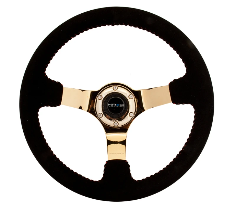NRG Verstärktes Lenkrad (350mm / 3 Zoll Tiefe) Schwarz Suede mit Roter Baseballnaht & Chrom Gold 3-Speichen