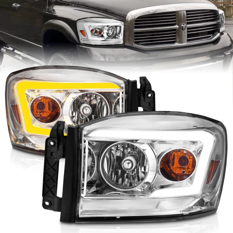 Anzo 06-09 Dodge RAM 1500/2500/3500 Scheinwerfer Chromgehäuse/Klare Linse (mit Switchback-Leuchtbalken)