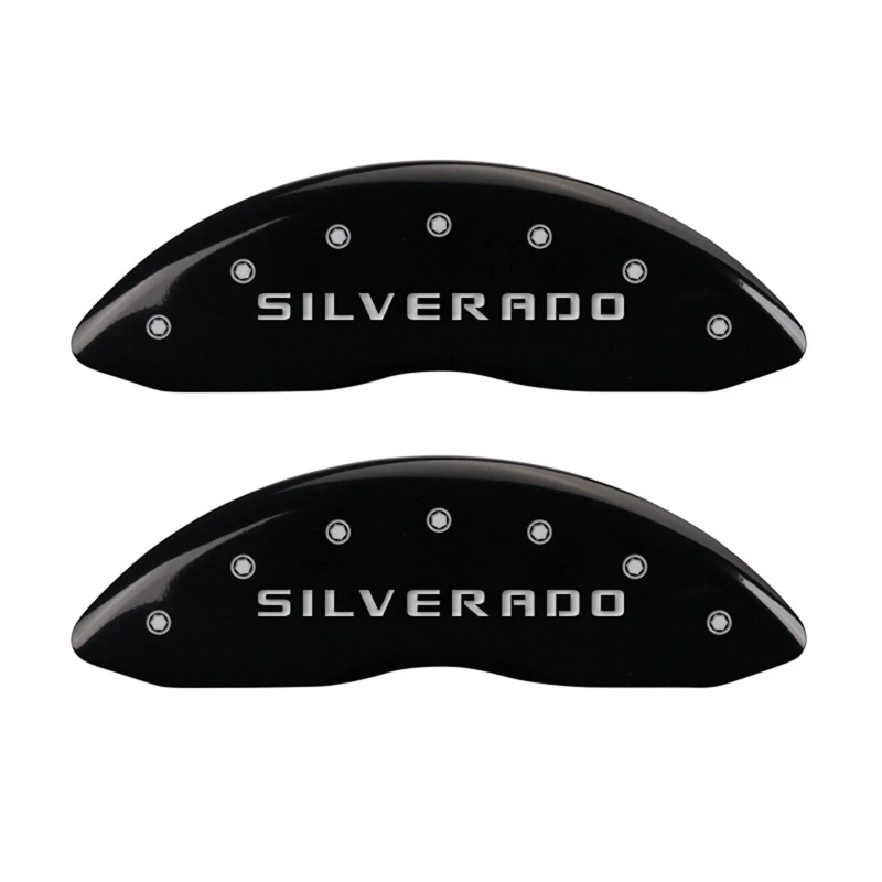 MGP Vordere Set 2 Bremssattel-Abdeckungen Graviert Vorne Silverado Schwarz Finish Silber