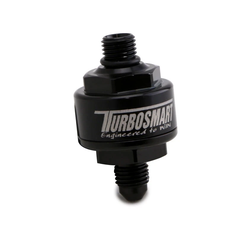 Turbosmart Billet-Turbo-Öl-Filter mit 44-Mikron-gefaltetem Disc AN-4 Männlich auf AN-4 ORB- Schwarz