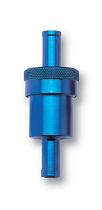 Russell Performance Blauer Straßenkraftstofffilter (Länge 3 Zoll, Durchmesser 1 1/8 Zoll, Ein-/Auslass 3/8 Zoll)