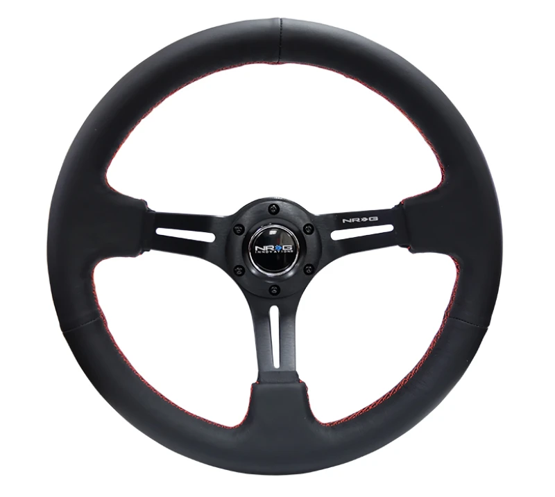 NRG Verstärktes Sportlenkrad (350mm / 3 Zoll Deep) Schwarz Leder/Rot Naht & Schwarz 3-Speiche mit Schlitzen