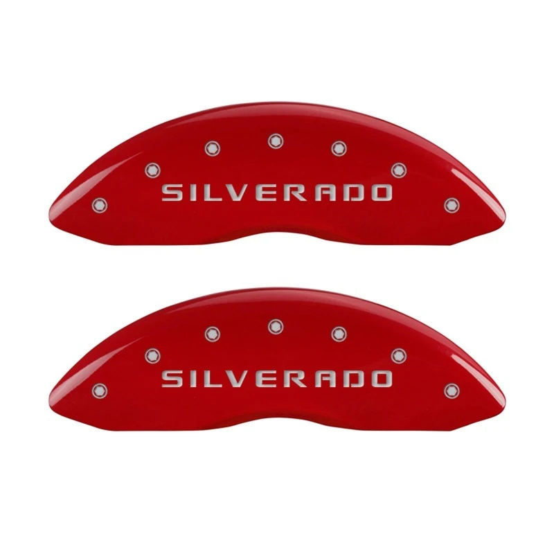 MGP Vorderseite 2 Bremse Caliper-Abdeckungen Gravur Vorderseite Silverado Rot Finish Silber ch