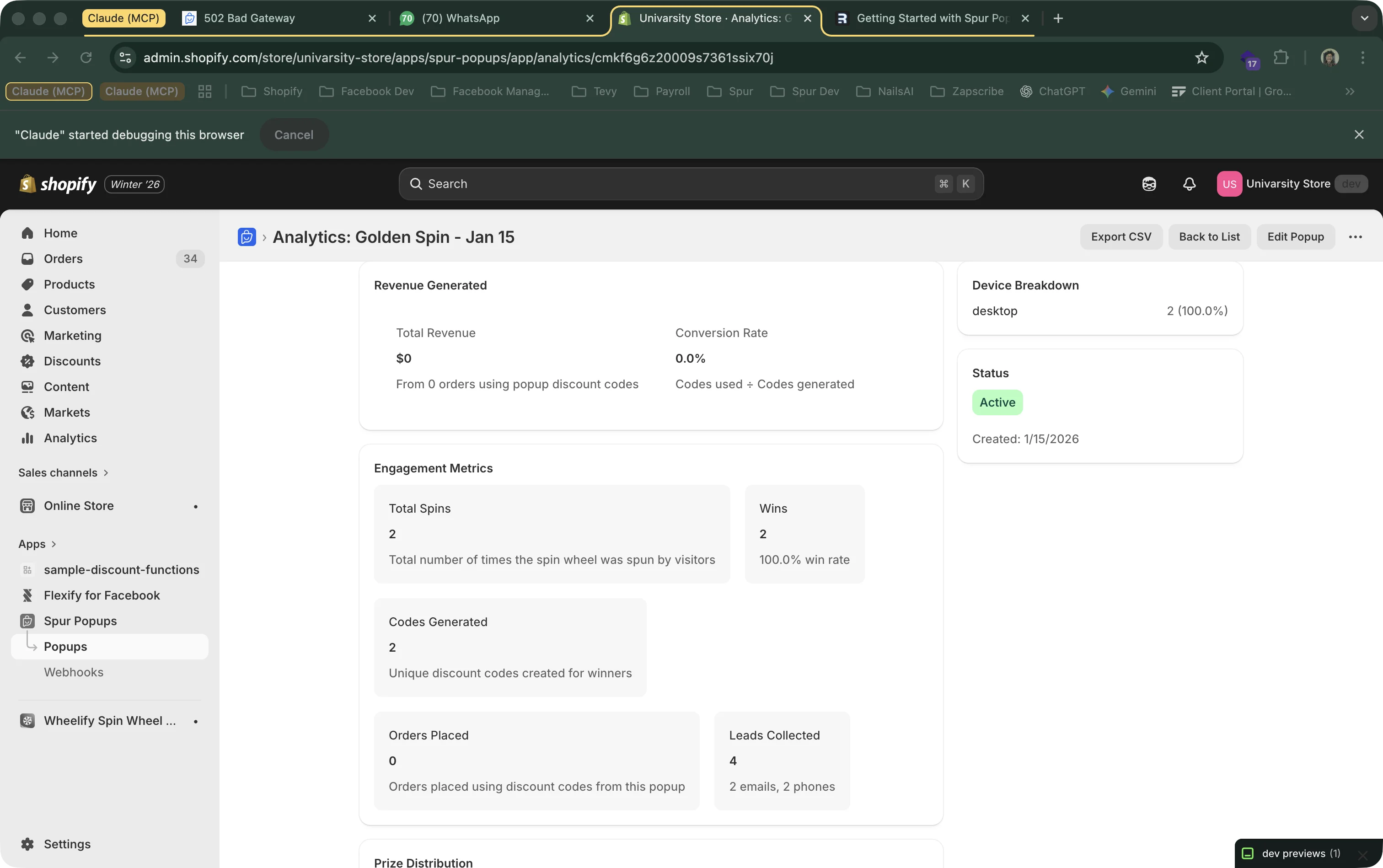 Analytics dashboard showing revenue, spins, wins, conversion rate, and device breakdown