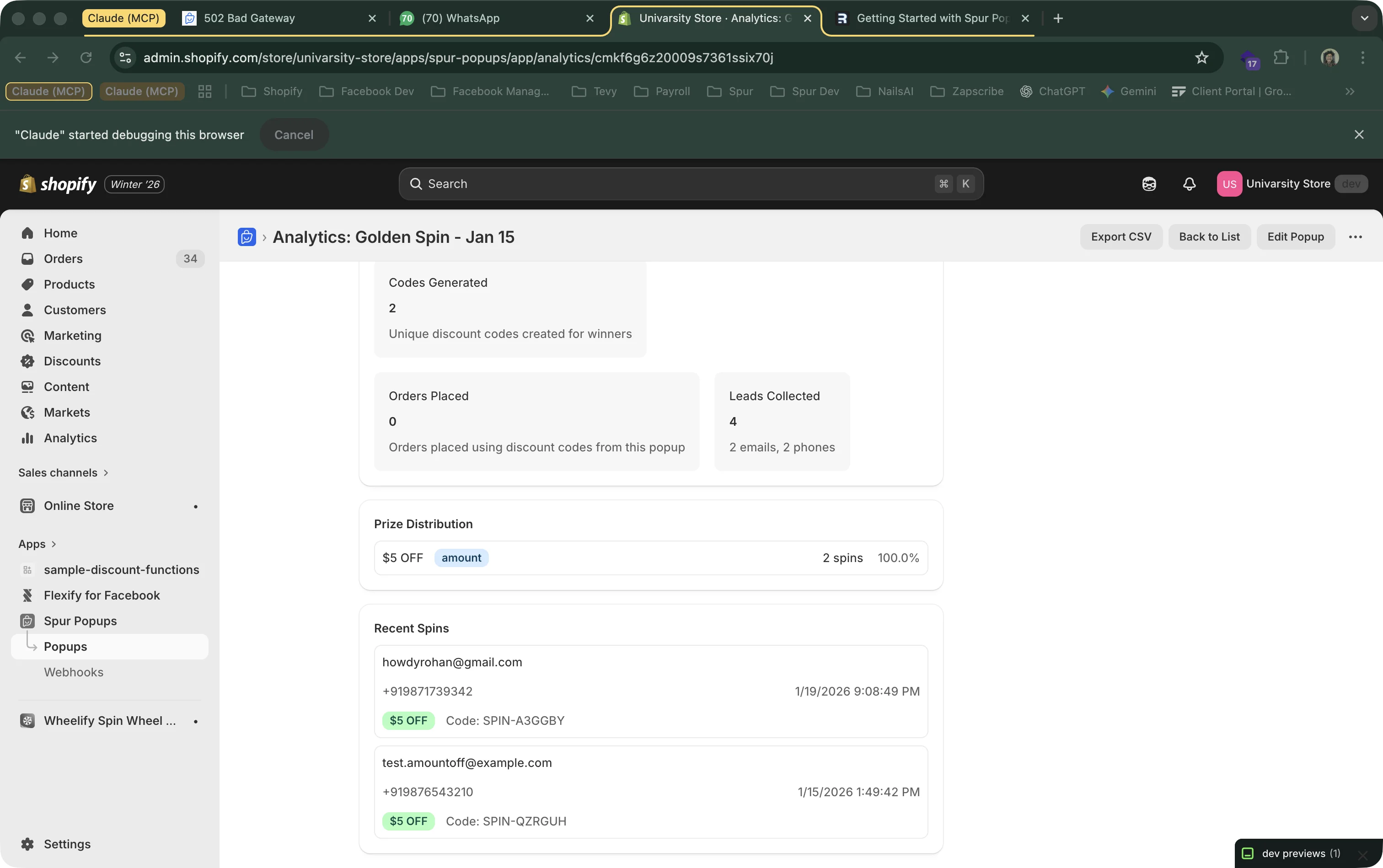 Prize distribution table showing each prize label, type, times won, and percentage