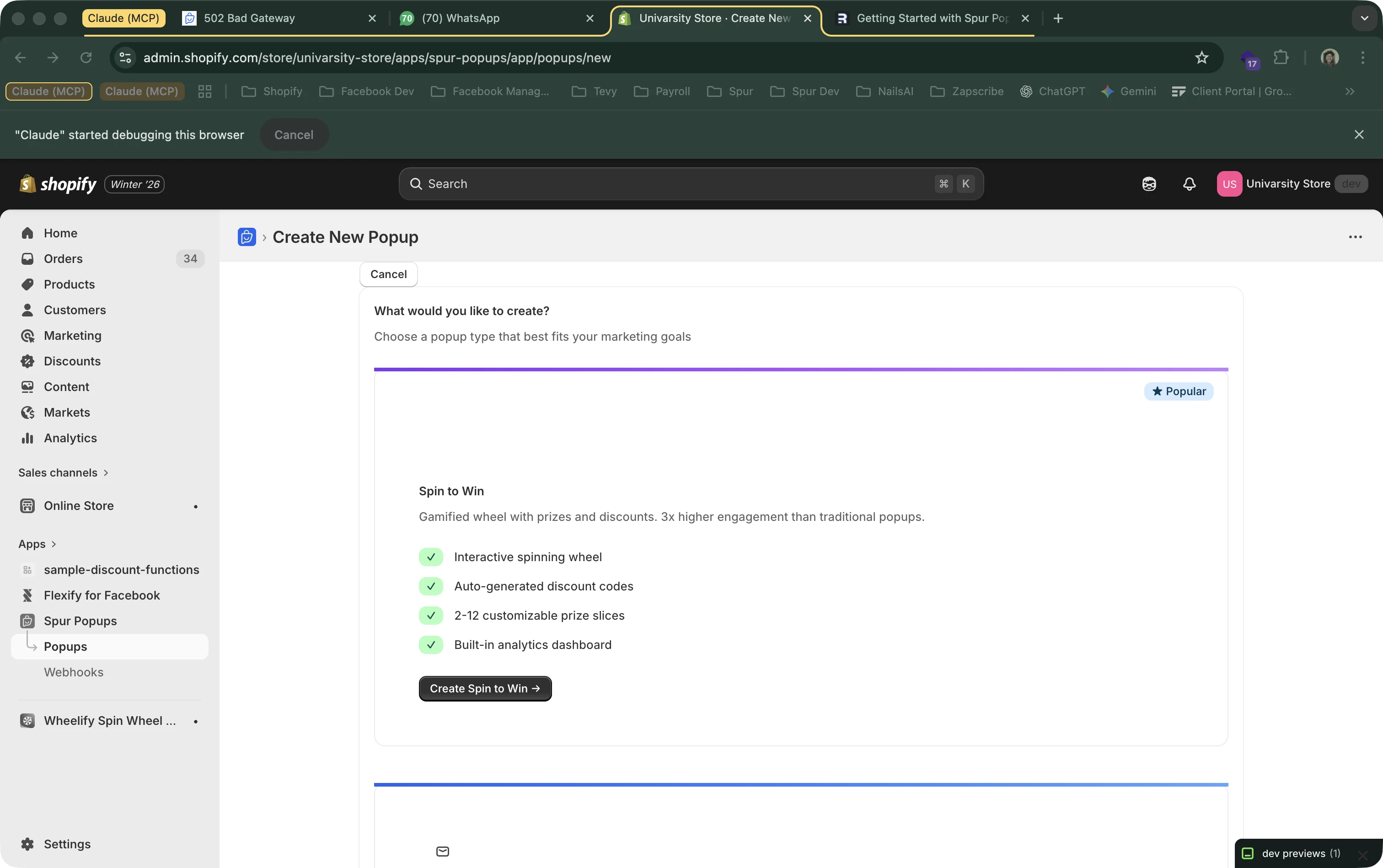 Create New Popup page showing the available popup types