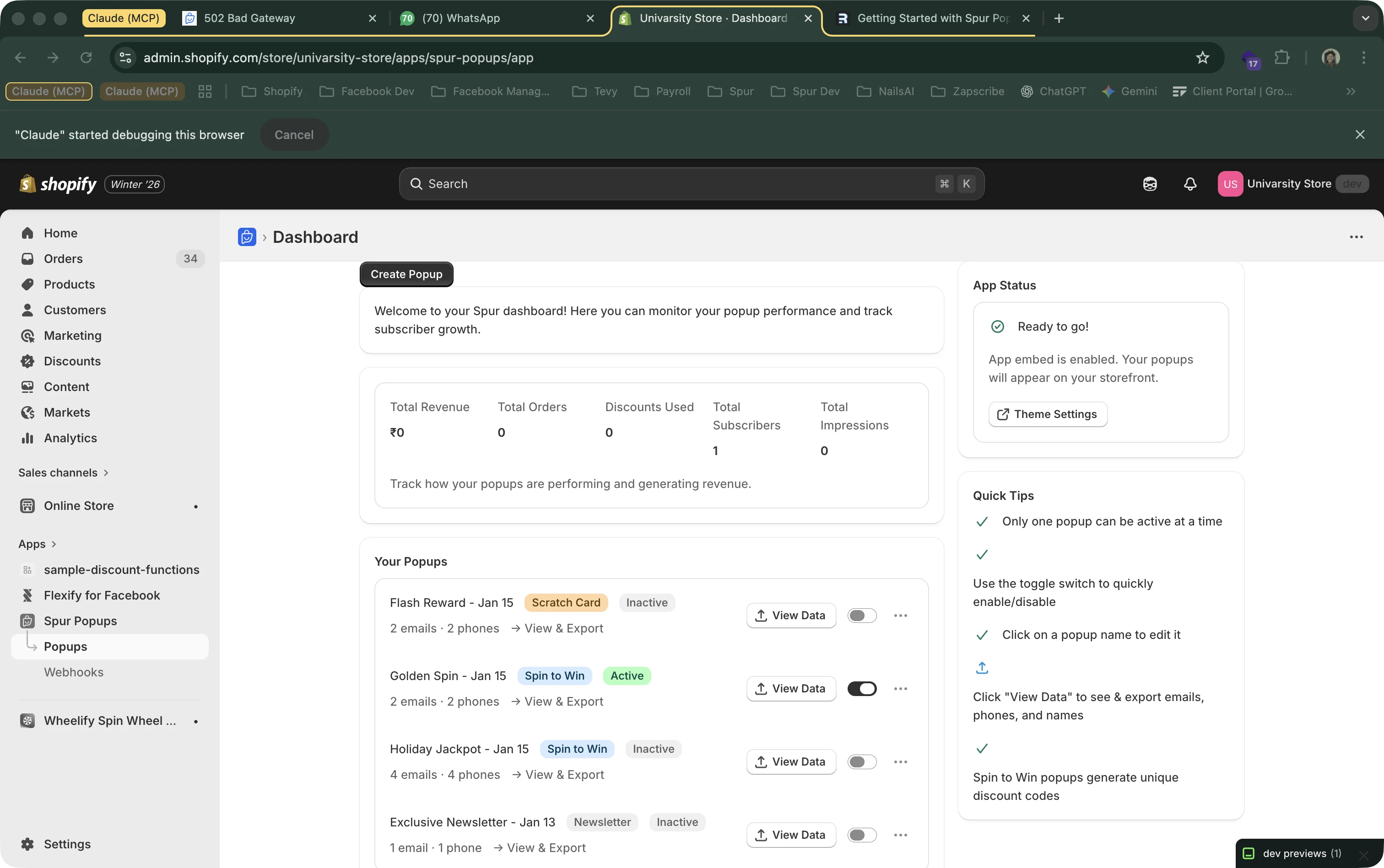 Spur Popups Dashboard showing the App Status card in the sidebar