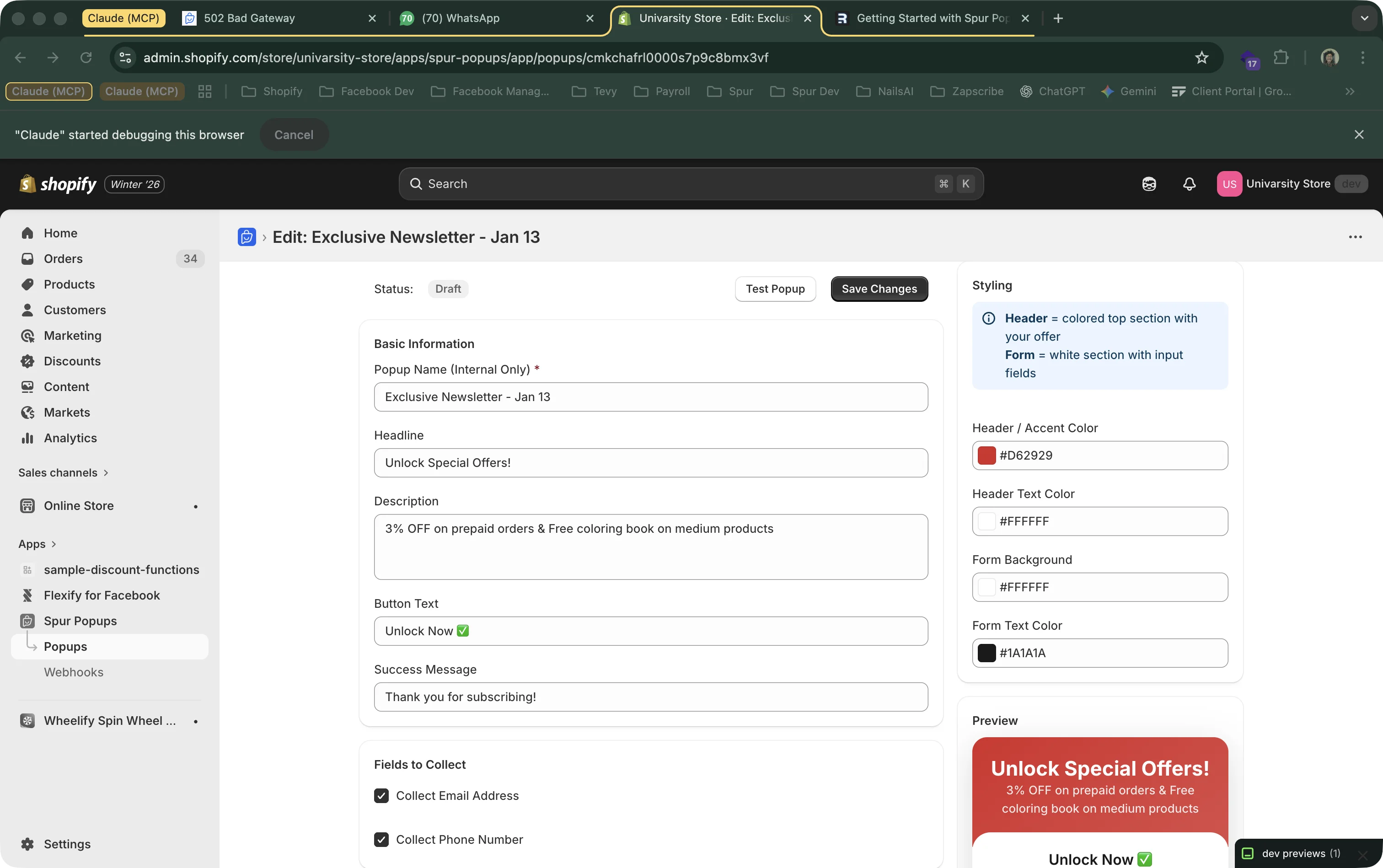 Newsletter popup editor showing form fields on the left and live preview on the right