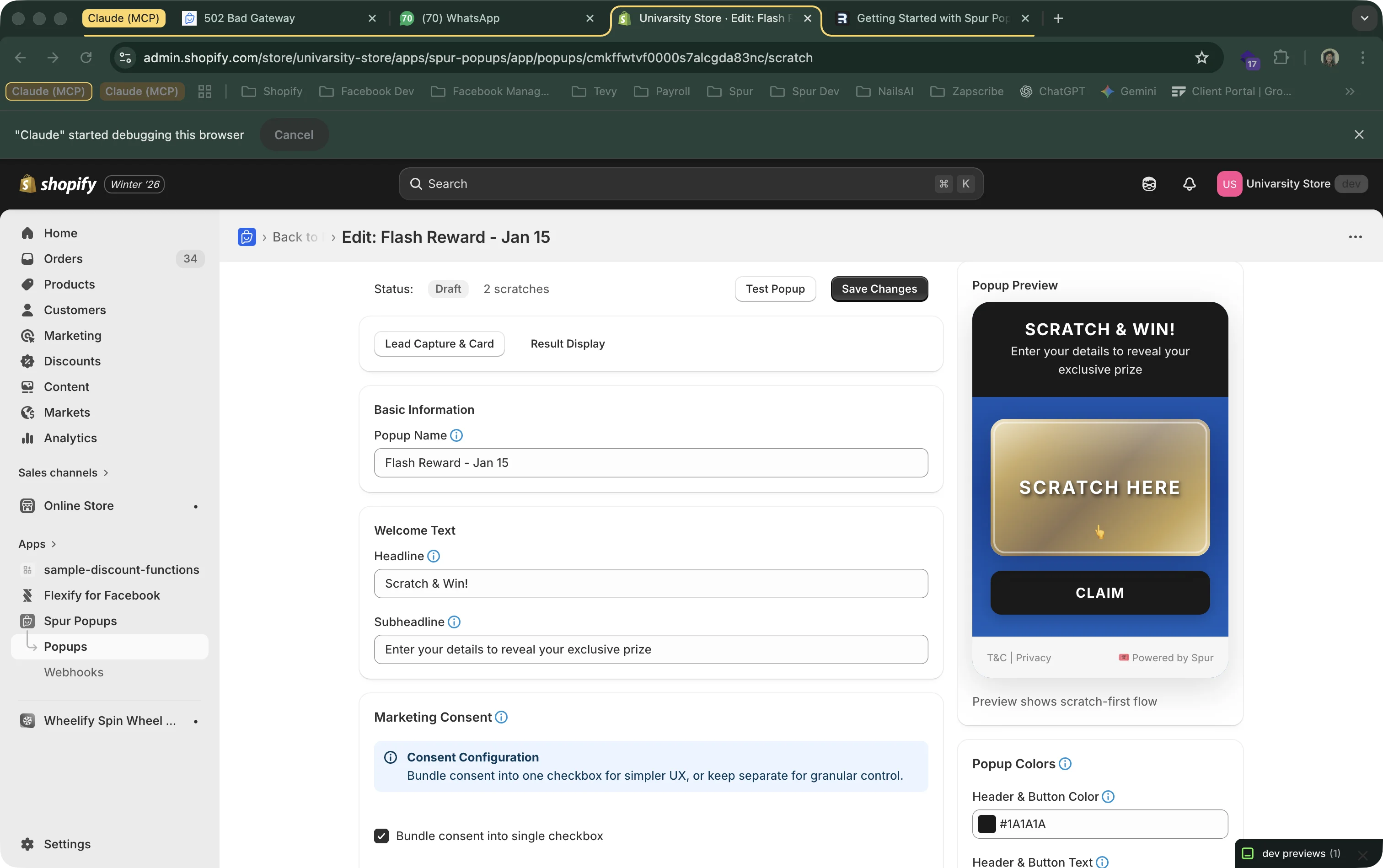 Scratch Card editor showing basic info fields and live preview