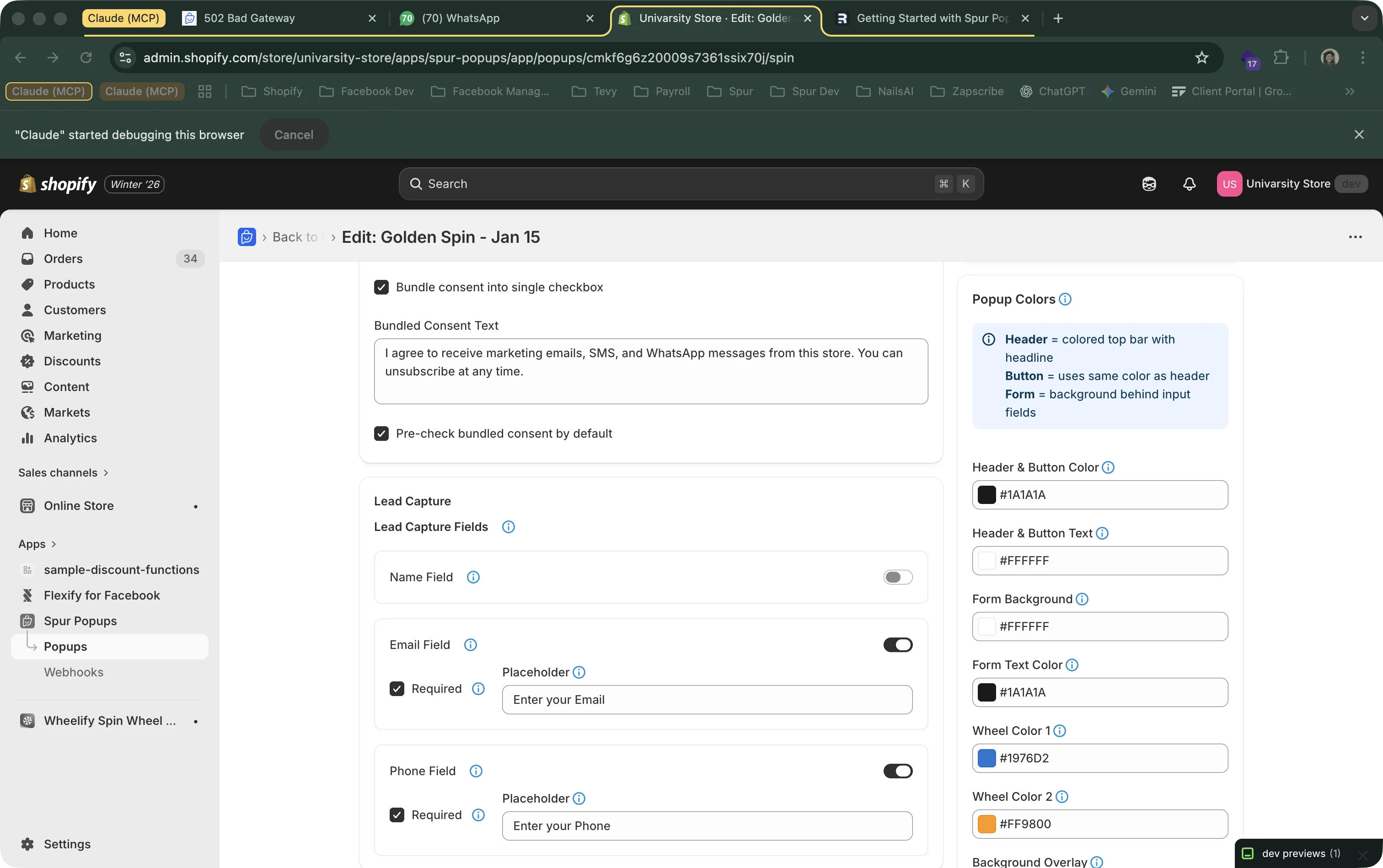 Consent configuration in the popup editor showing bundled and unbundled options