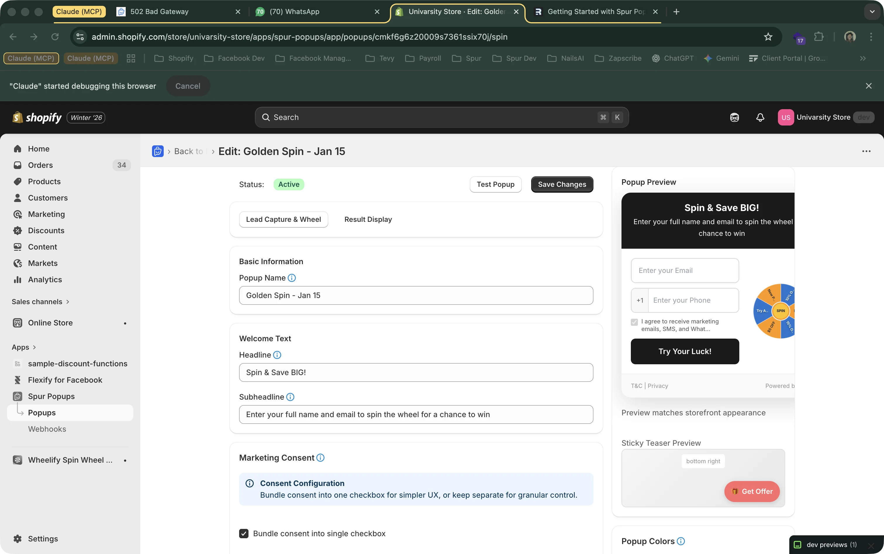 Spin to Win popup editor showing form fields on the left and live preview on the right