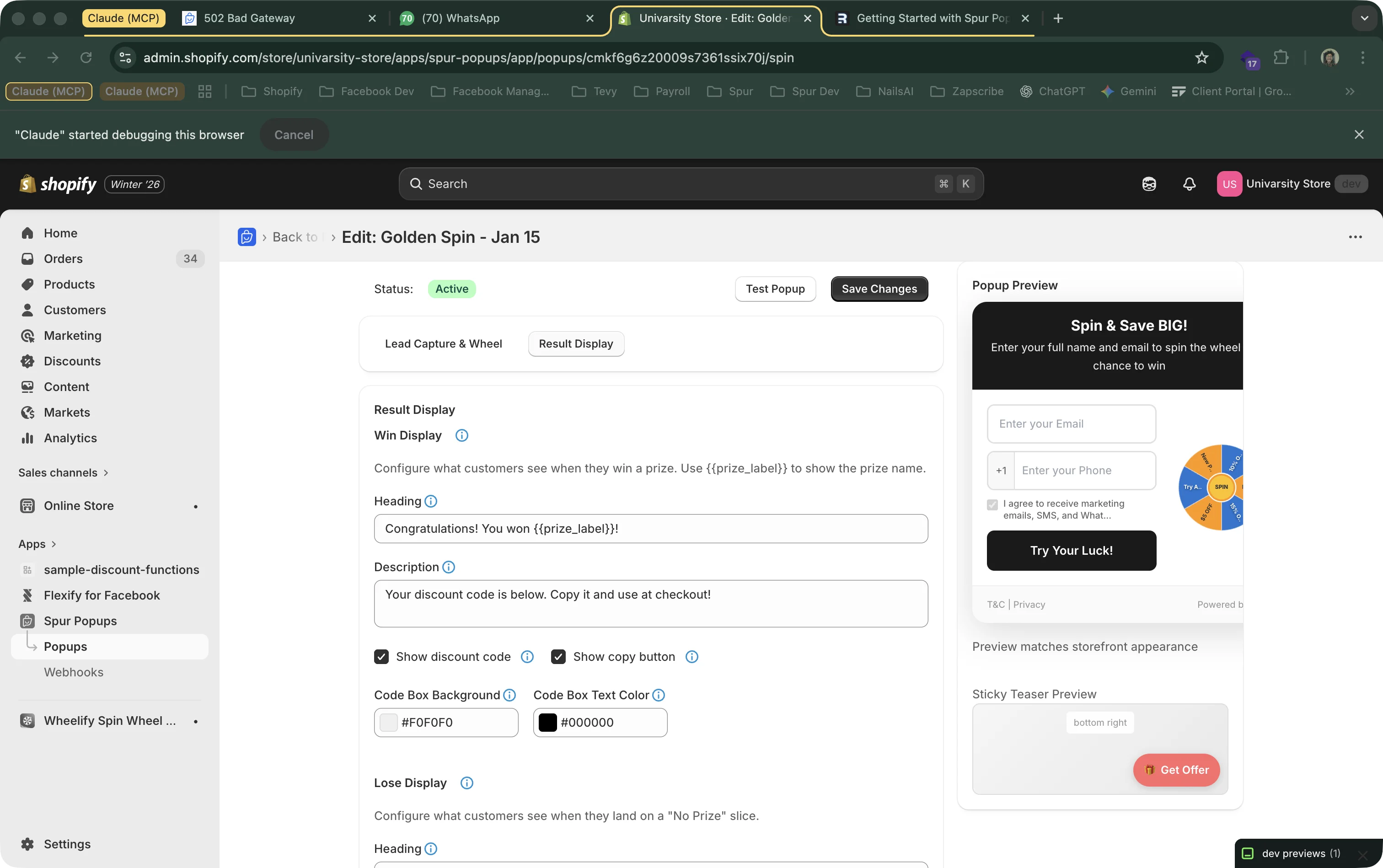 Result display editor showing the congratulations screen with discount code