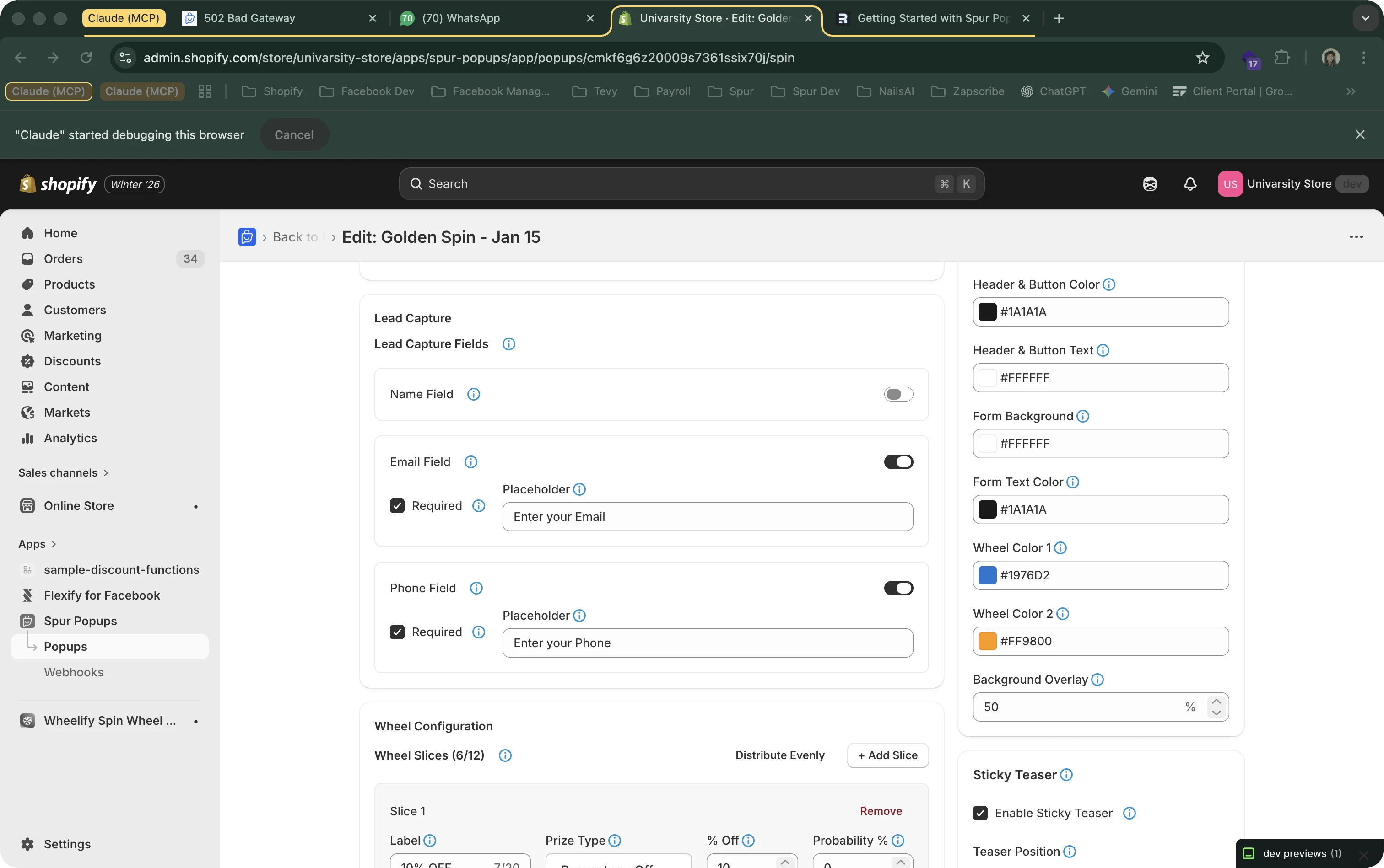 Lead capture settings showing toggles for email, phone, and name fields