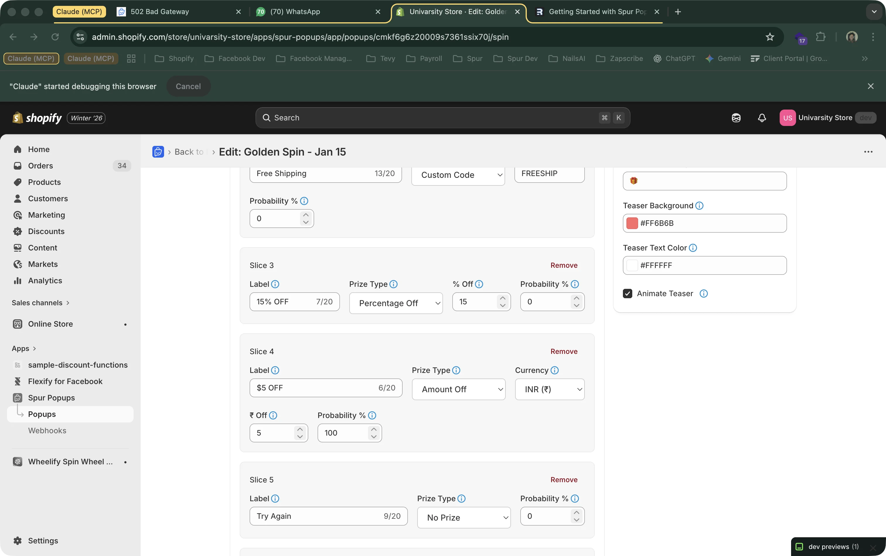 Wheel configuration showing slices with prize labels, types, values and probability percentages
