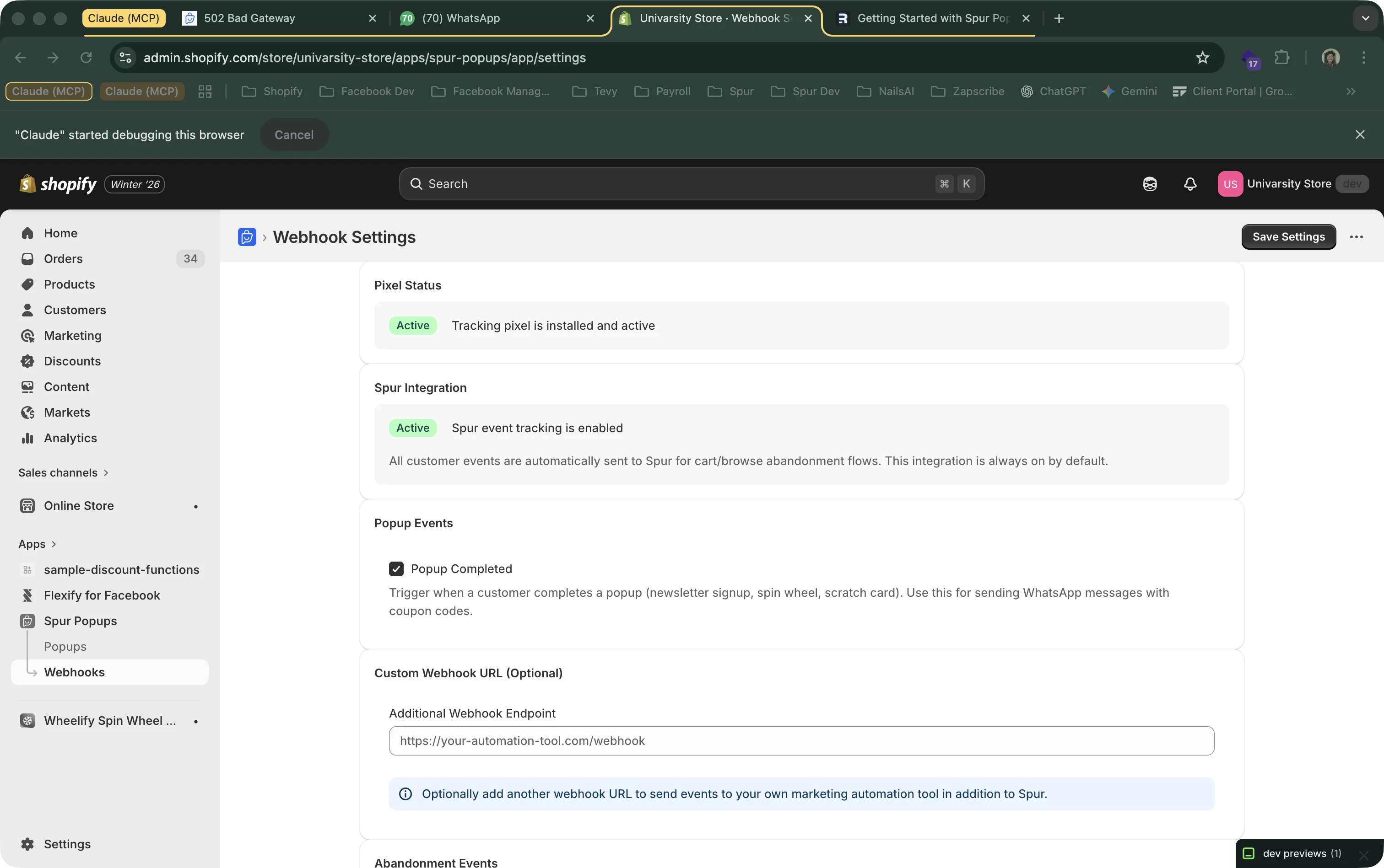 Webhook Settings page showing Pixel Status, Spur Integration, Popup Events, and Custom Webhook URL sections