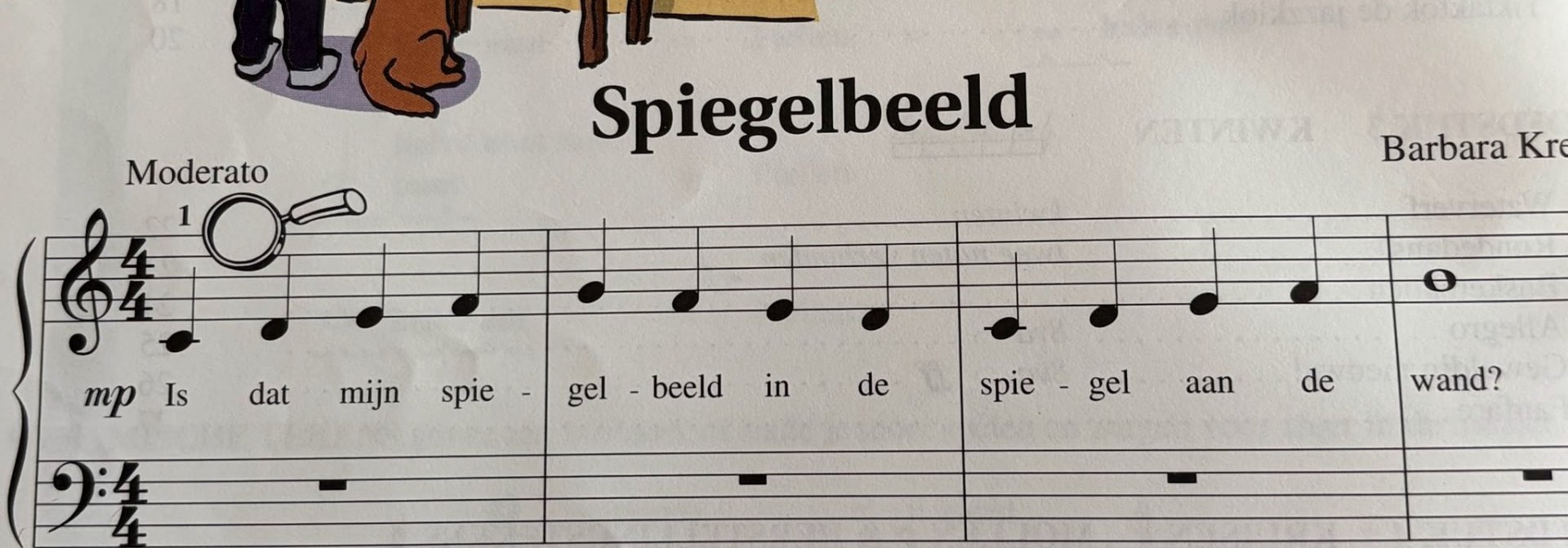 Bladmuziek uit een pianolesmethode voor kinderen: het liedje Spiegelbeeld met tekening