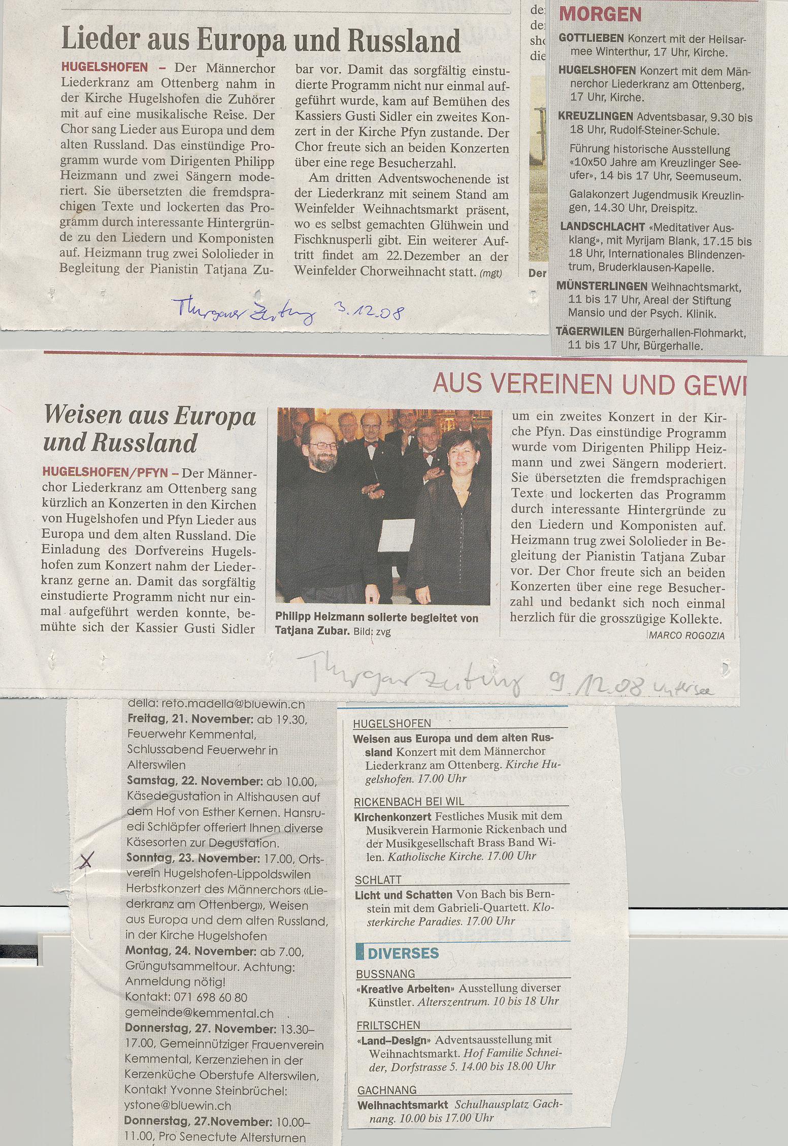 Zeitungsartikel „Lieder aus Europa und Russland“ über den Liederkranz am Ottenberg