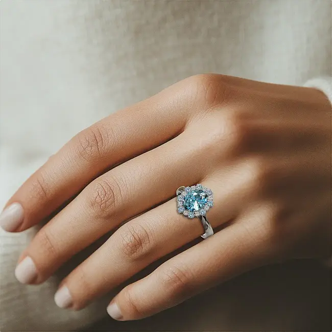 bague fantaisie en or massif blanc 14 carats, diamants et topaze bleue sur la main